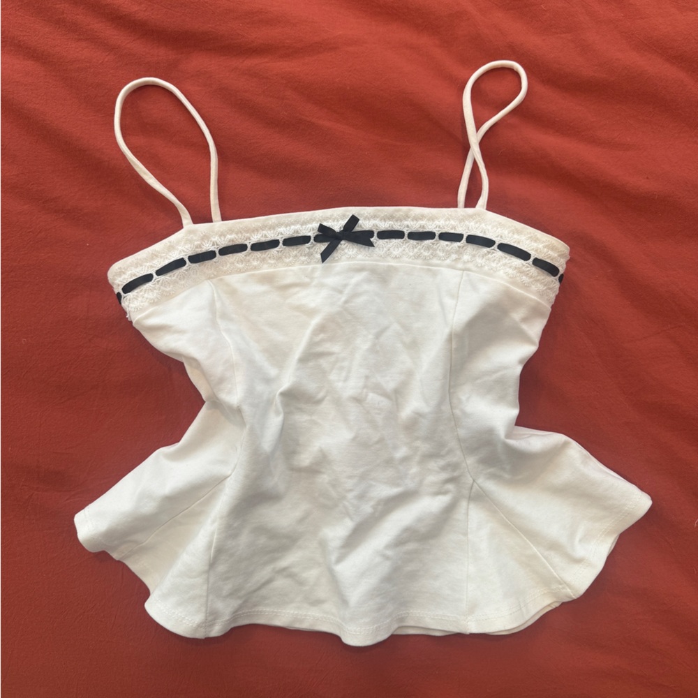 White Peplum Tank with Black Coquette Ribbon Detail size S